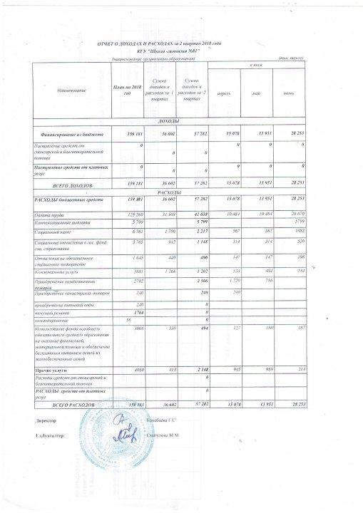 Отчет о доходах и расходах за 2 кв 2018
