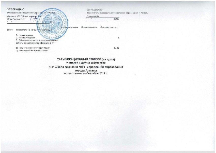 Тарификация на дому на 01.09.2019г