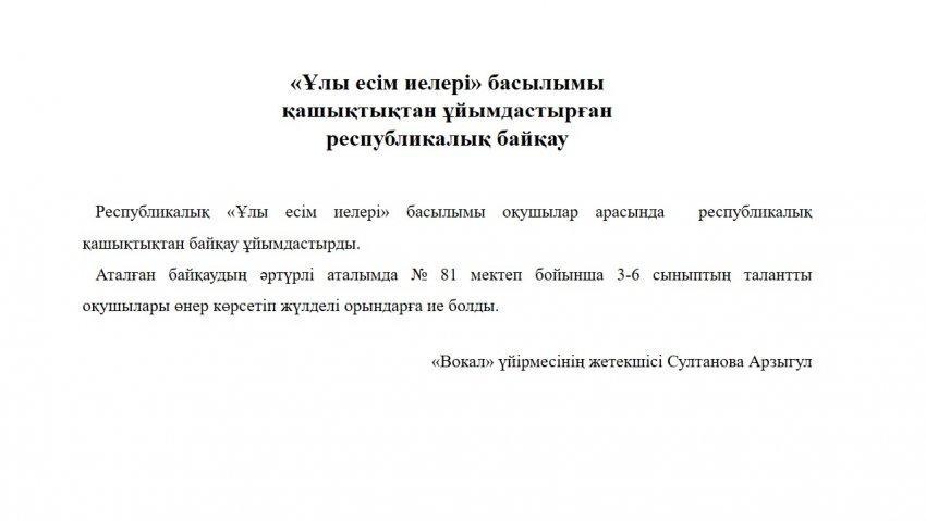 Музыка пәні бойынша оқушылар жетістіктері. Жетекшісі Султанова А.