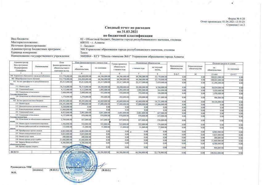Сводный отчет по расходам по 31.03.2021