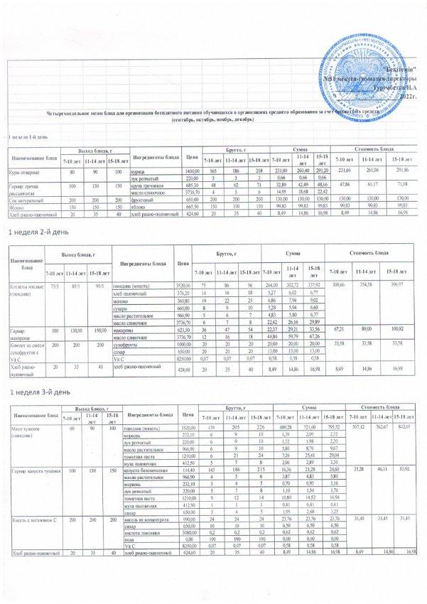 Ас мәзірі. 1-апта. 2022-2023 оқу жылы