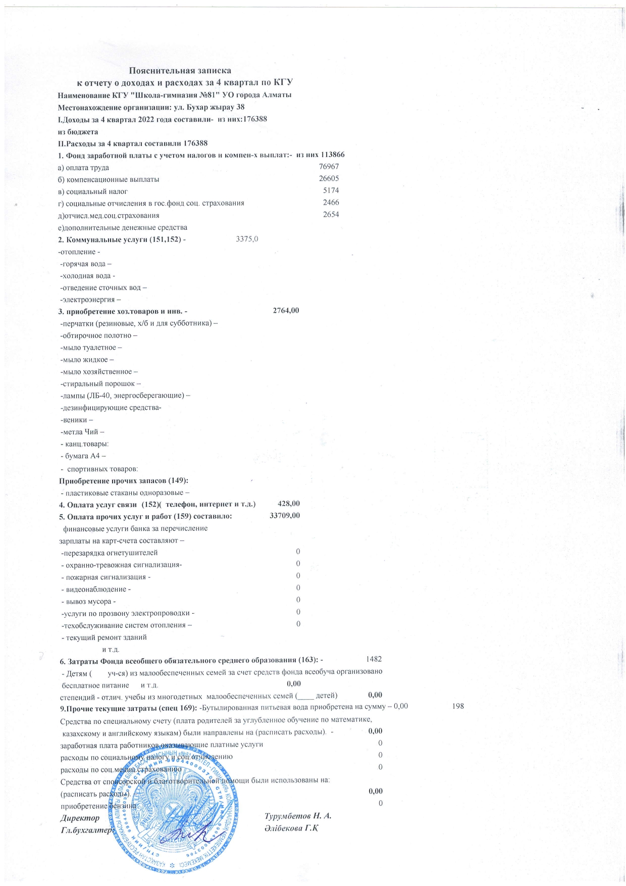 Кірістер мен шығыстарға түсіндірме жазба. 4 квартал 2022 ж.